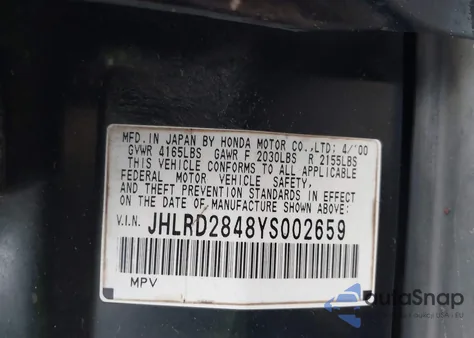 2000 Honda Cr-V Lx z USA, uszkodzony, nr VIN JHLRD2848YS002659